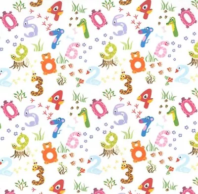 Cotton Fabric Bright Kids Animal Numbers Print Craft Fabric Material Metre • £8.99