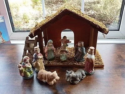 Vintage Christmas Wooden Nativity Set With Nine Porcelain Figures • £15