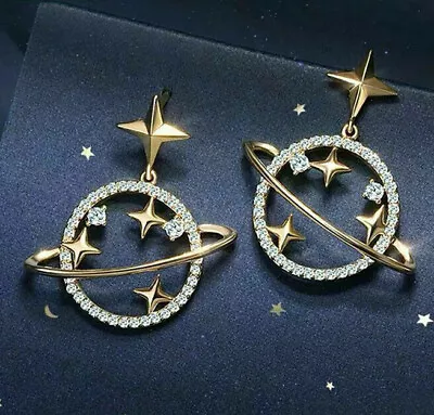 Cosmic Saturn PLANET Gold STAR Rhinestone Dangle Betsey Johnson Earrings • $9.95