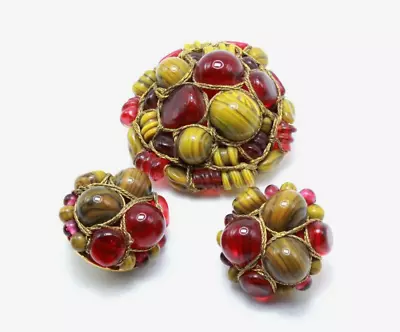 Vintage French Couture Poured Glass Cluster Art Glass Brooch Earrings Set • $299