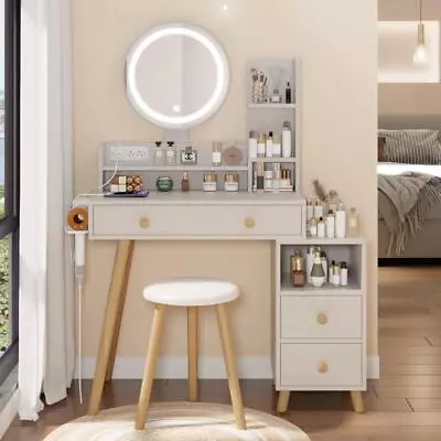 Vanity Set With Round LED Lights Mirror Makeup Dressing Table Dresser Desk • $156.99