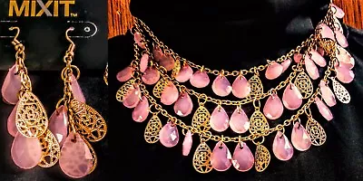 New MIXIT 3 Strand Jewelry Set - Pink & Gold Cluster Choker Necklace & Earrings • $11.99