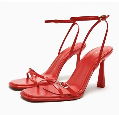 Zara Strappy Heeled Leather Sandals Red US 6 EU 36 • $49.99