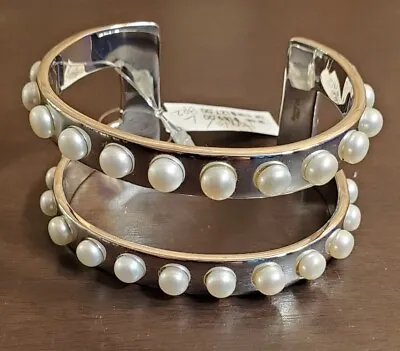 QVC Honora Cultured Pearl Large Cuff Bracelet Sterling Silver New W Tag • £100.76