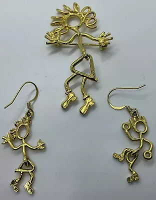 Brooch Earrings Set Boy Girl Articulated Signed KK/ED Vintage Gold-Tone • $15.10