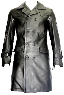 Military Mens Classic Knee Length Style U-boat Black Hide Leather Jacket Coat • $189.43