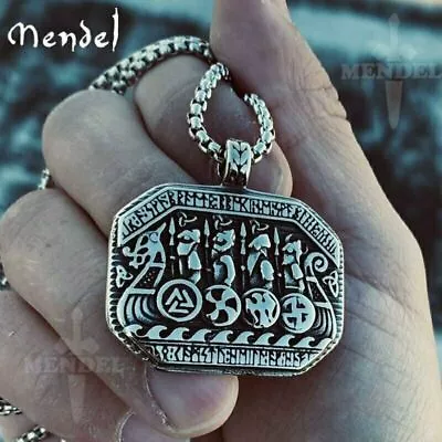 MENDEL Mens Stainless Steel Norse Viking Boat Rune Pirate Pendant Necklace Men • $12.99