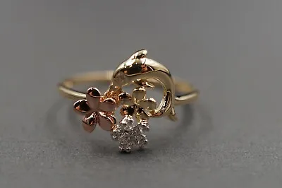 10K Solid Yellow Gold Multi Tone Dolphin With Flowers CZ Band Ring. Size 7 • £86.78