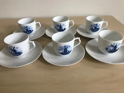 Delft Blauw Holland Blue Tea Cup And Saucer Windmill Hand Decorated Set Of 6 • $70