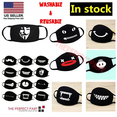 Cartoon Face Mask Cover Funny Unisex Teeth Mouth Black Cotton Printed Washable • $2.99