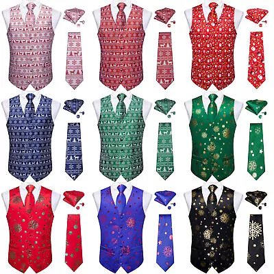 Christmas Mens Waistcoat Green Red Blue Suit Vest Tie Hanky Cufflinks Set Tops • $19.99