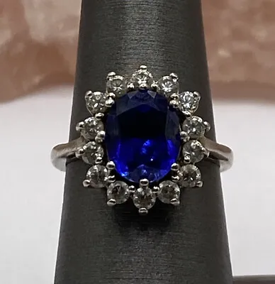 Danbury Mint Sterling Silver Clear Cz And Sapphire Kate Middleton Ring Size 7.25 • £96.43