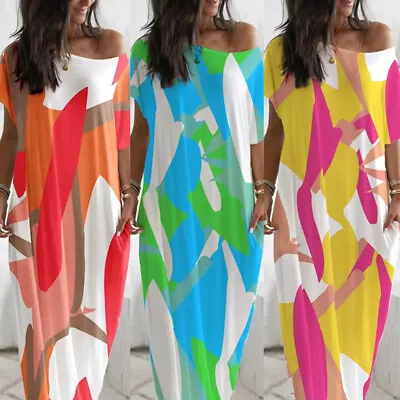 Women Printed Kaftan One Shoulder Maxi Dress Beach Holiday Baggy Long Sundress + • $13.09