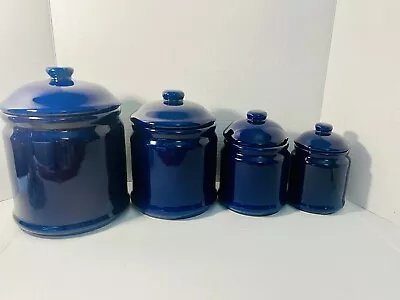 Vintage Set Of 4 Cobalt Blue Ceramic Kitchen Canisters • $38