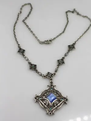 Vintage Silver Tone Blue Cats Eye Glass Avon Pendant Chain Necklace Choker 15  • $6.50