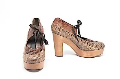 MARNI Brown Taupe Snakeskin Wooden Platform Fashion Heels With Tie Closure Sz 39 • $195