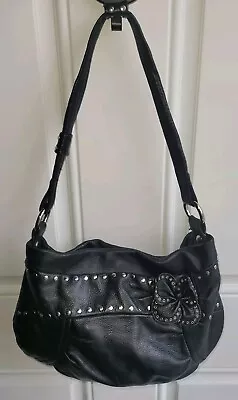 B. Makowsky Black Leather Bag Shoulder Flower Applique Studded Floral PERFECT! • $36.99