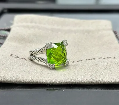 David Yurman 925 Silver 14mm Cushion On Point & Peridot And Diamonds Sz 7.5 • $179