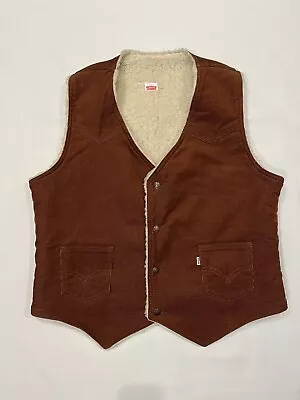 Vintage Levi's Corduroy Vest Shearling Sherpa Brown Cowboy Western USA Men Large • $34.99