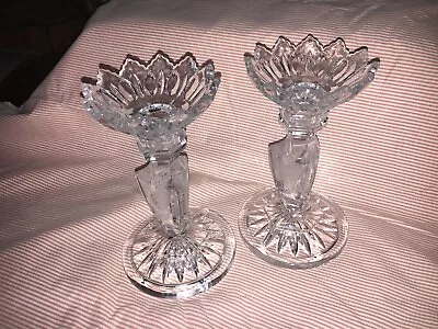 Set 2 Vintage Cut Crystal Etched Glass Sawtooth Strawberries Candlestick Holders • $17.99