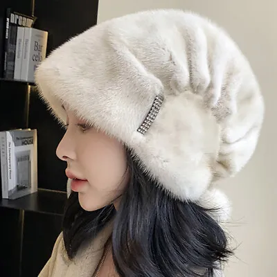 2023 Women Whole Real Mink Fur Hat Russian Beanies Earmuff Headband Warm Ski Cap • $81.89