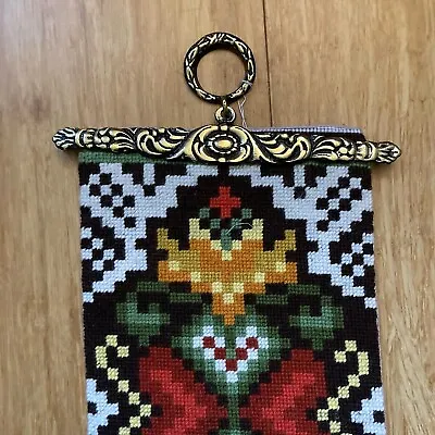 £23.99 • Buy Vintage Bell Pull Needlepoint Tapestry Wall Hanging Brass Hanger Folk Colourful