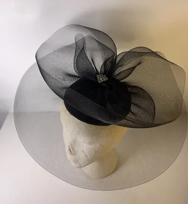 Sonni San Francisco Ca. Fascinator Cap Hat Black Tulle Mesh Rhinestones • $43