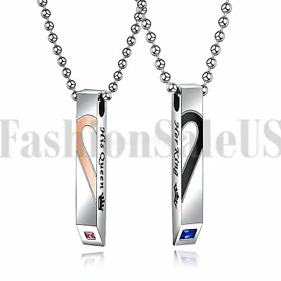 Stainless Steel His Queen Her King Matching Heart Tag Pendant Couple Necklace • $14.99