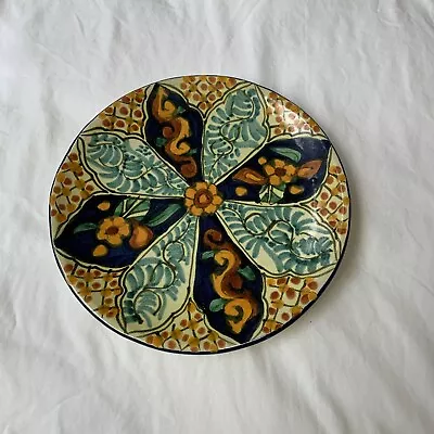 Vintage Mexico Red Clay Pottery Plate 10” Diameter Floral Leaf Gold Blue.   V • $32