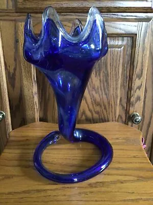 Lilly Trumpet Blue Art Glass Murano Blown Glass Vase Sooner Coil Stretch Glass • $29