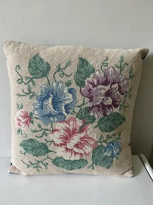 VINTAGE Floral Needlepoint Tapestry Cushion 35 X 35cm Country House Velvet Back • £50