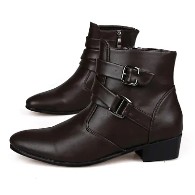 British Style Mens Pointed Toe Ankle Riding Boots Buckle Strap Zipper Side Shoes • $31.36