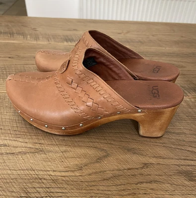 £45 • Buy UGG Ladies Leather Braided Platform Clogs Vintage Tan Fleece Lined Size 6.5