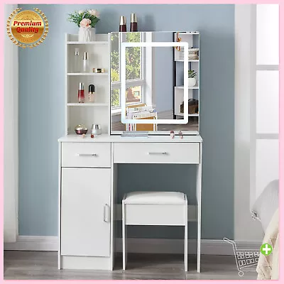 White Dressing Table Sliding Mirror Dresser Makeup Desk With Cabinet Shelves • £148