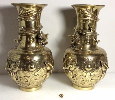 £120 • Buy Pair Chinese Bronze Dragon Chasing Pearl Vases Signed Date C1900 A/F Some Loses