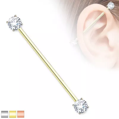 7 Mm Round Prong Set CZ Gold Rose Gold Steel Industrial Barbells 14g 1&1/2  • $7.99