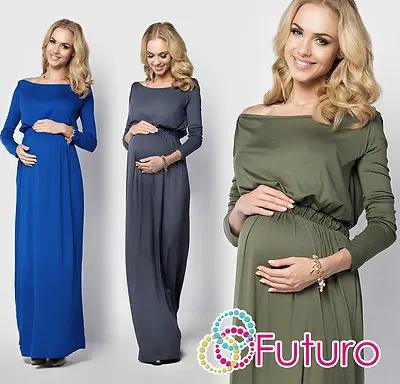 Ladies Maternity Evening Maxi Dress Long Sleeve Boat Neck Plus Sizes 8-18 FM08 • £13.99