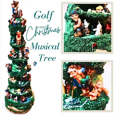 VTG Golf Christmas Tree Rotates Lights Music Whimsical Figures 16”H 4.5” Base • $37.49