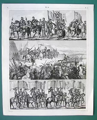 ARMY Medieval German Roman Banner Bearers -1844 Antique Print Engraving • $19.95