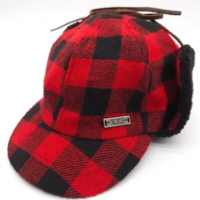 REI Trapper Wool Blend Hat Red Plaid Quilted Winter Cap Size Small Medium Unisex • $19.99