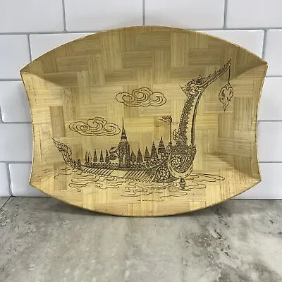 Vintage Bamboo Serving Tray Platter Decor - Thailand Dragon Boat Viking Ship 10” • $13.79