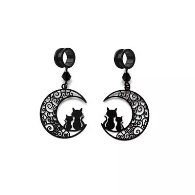 Pair Dangle Moon Kittens Black Ear Gauges Plugs Tunnels Piercings Body Jewelry • $16.37