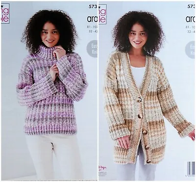 KNITTING PATTERN Ladies Easy Knit Long Rib Jacket & Jumper Aran King Cole 5735 • £4.49