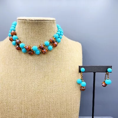 VTG Orange Venetian Wedding Cake Robin Egg Blue Glass Bead Necklace Earrings • $60.38