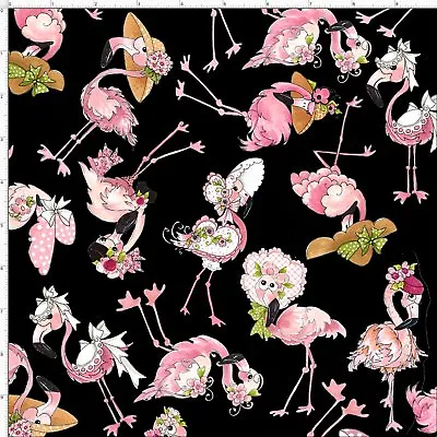 Loralie Flamingo Fancy Wearing Hats Flowers Toss Black Cotton Fabric 1.1 Yards • $12.46