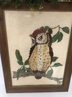 Vintage Needlework Embroidered Handmade Large Framed Owl Picture 14”x18” • $30