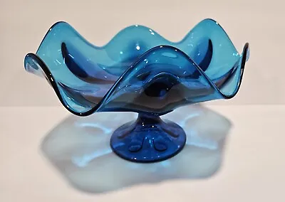 Vintage Viking Art Glass Blue Petal Bluenique Pedestal Cosmic Atomic Bowl • $24