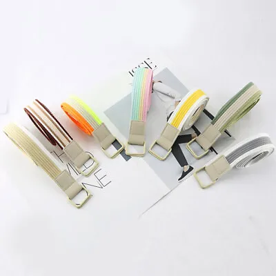 Thin Waist Belt Metal Double Ring Square Buckle Unisex Striped Canvas Belt  F • $5.43