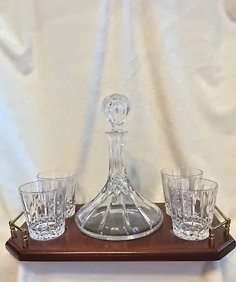Vintage Crystal SHIPS CAPTAIN Decanter Wood Tray 4 Old Fashioned Glasses BAR SET • $375