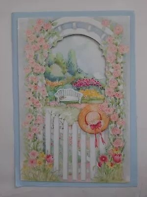 Vintage Greeting Card With Envelope Special Cut Floral Landscape Garden Bench • $8.35